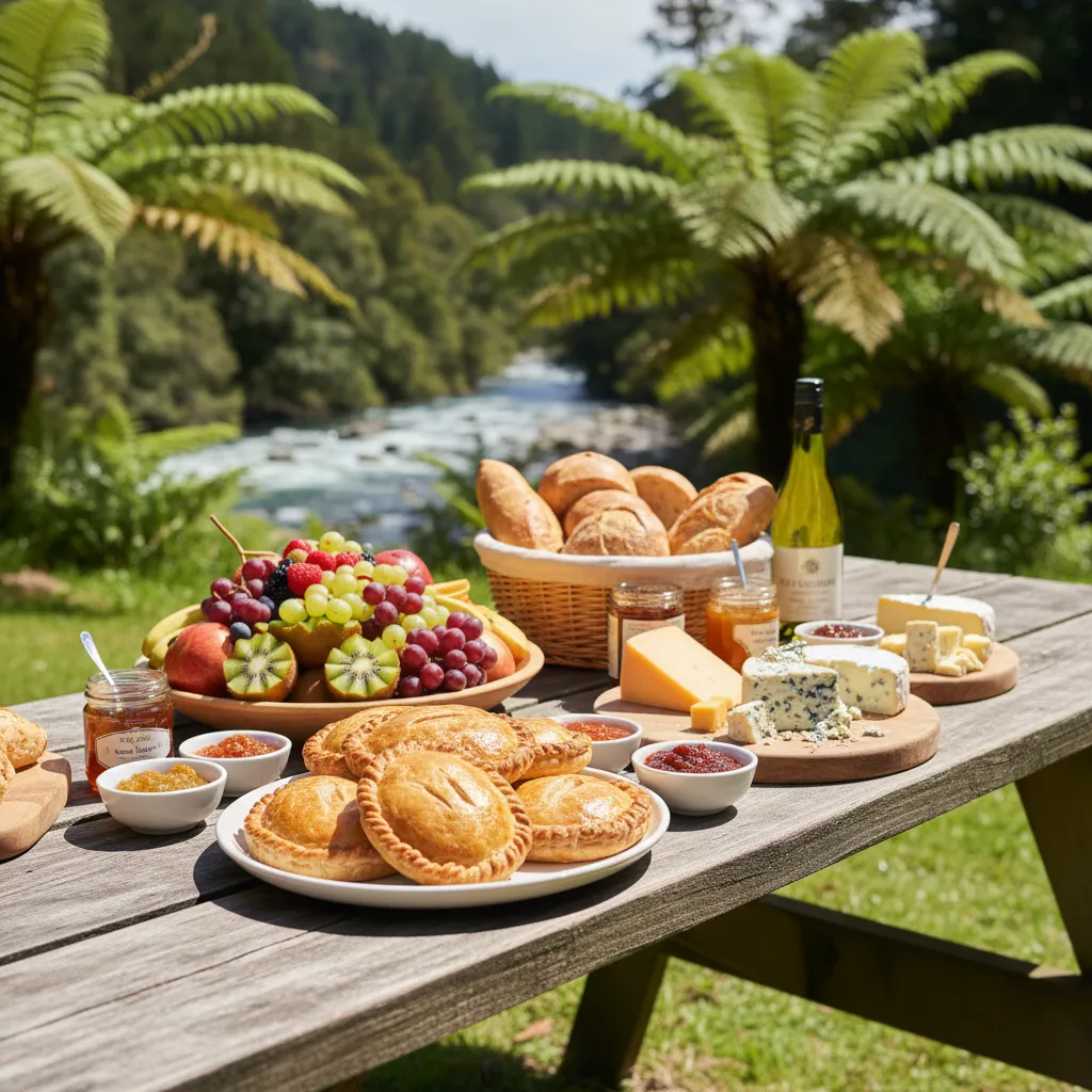 Assortment of picnic food Kawerau style on a wooden table