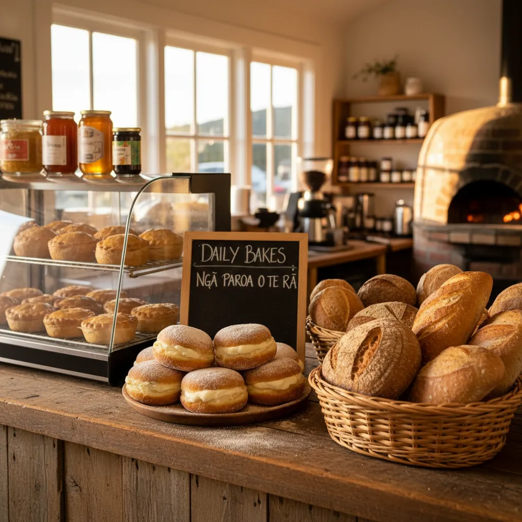 Fresh bakery display featuring pies and bread in Kawerau