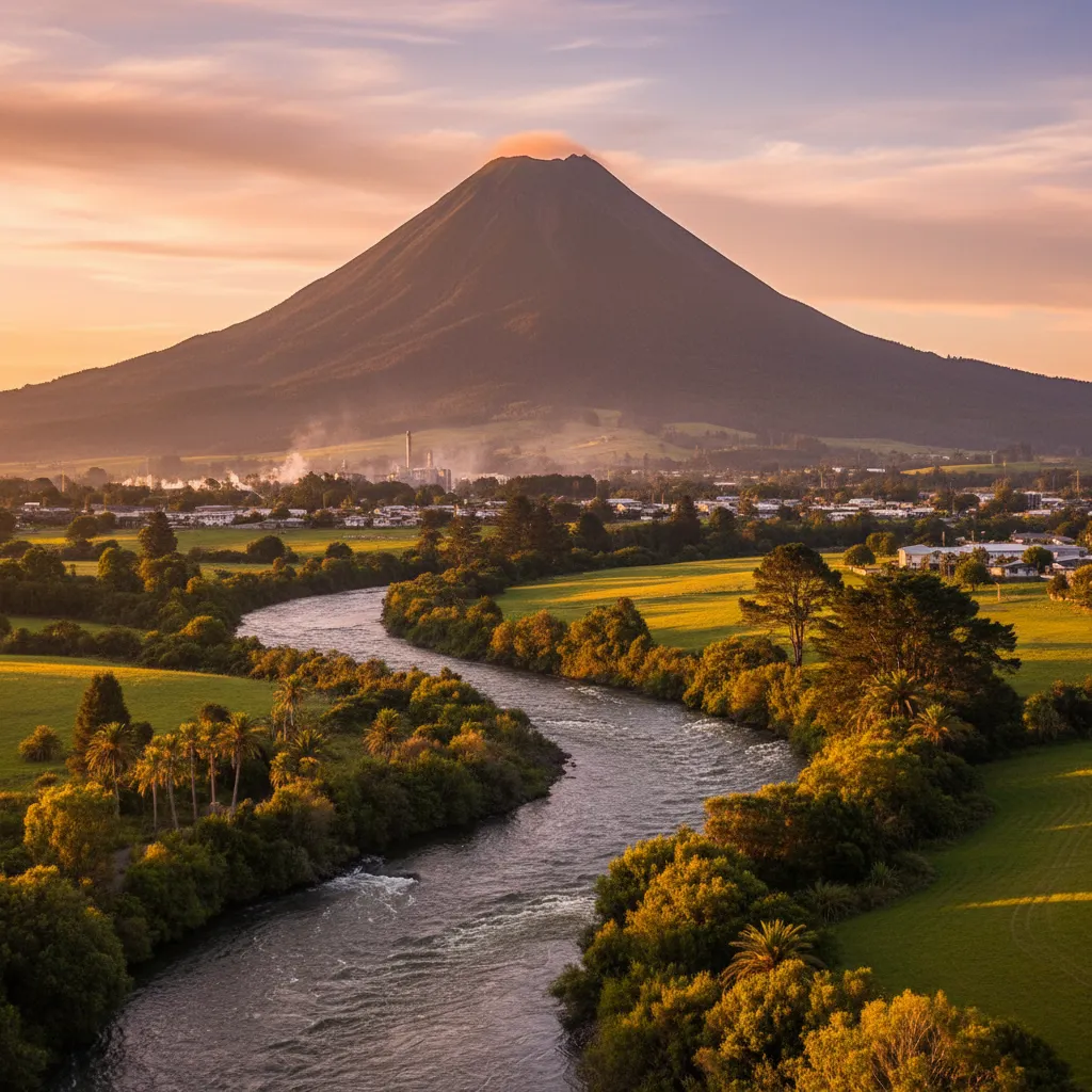 Scenic view of Mount Putauaki and Tarawera River in Kawerau