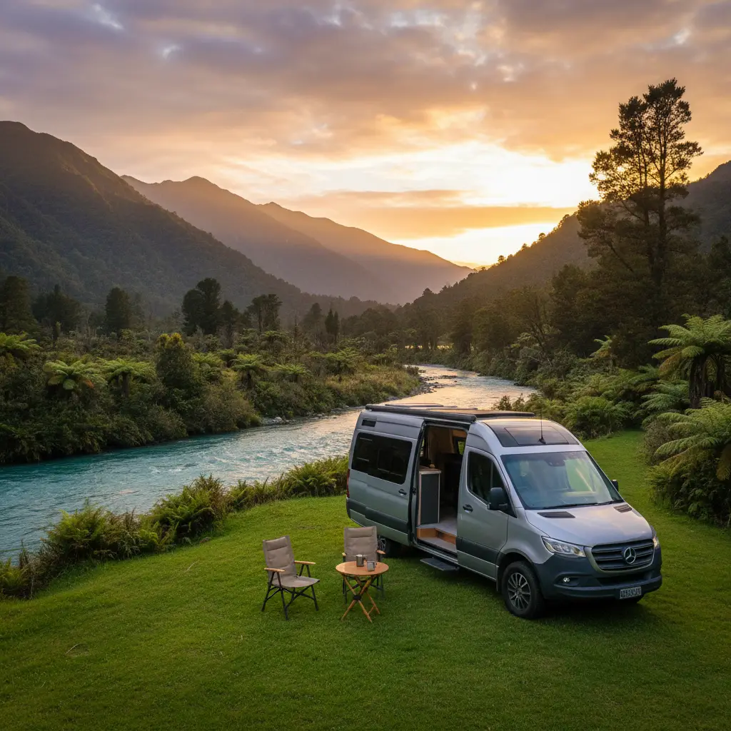 Freedom camping setup near the Tarawera River