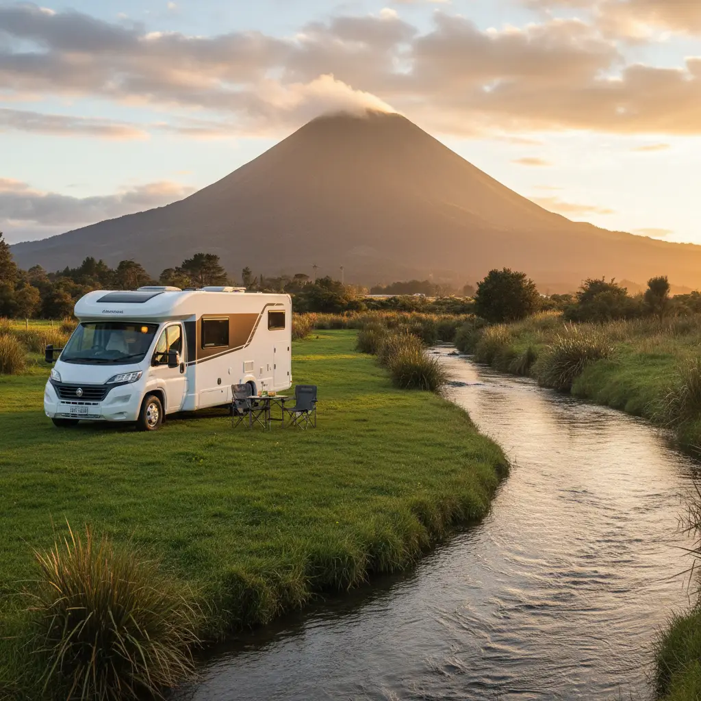 Self-contained campervan parked near Tarawera River with Mount Putauaki in background