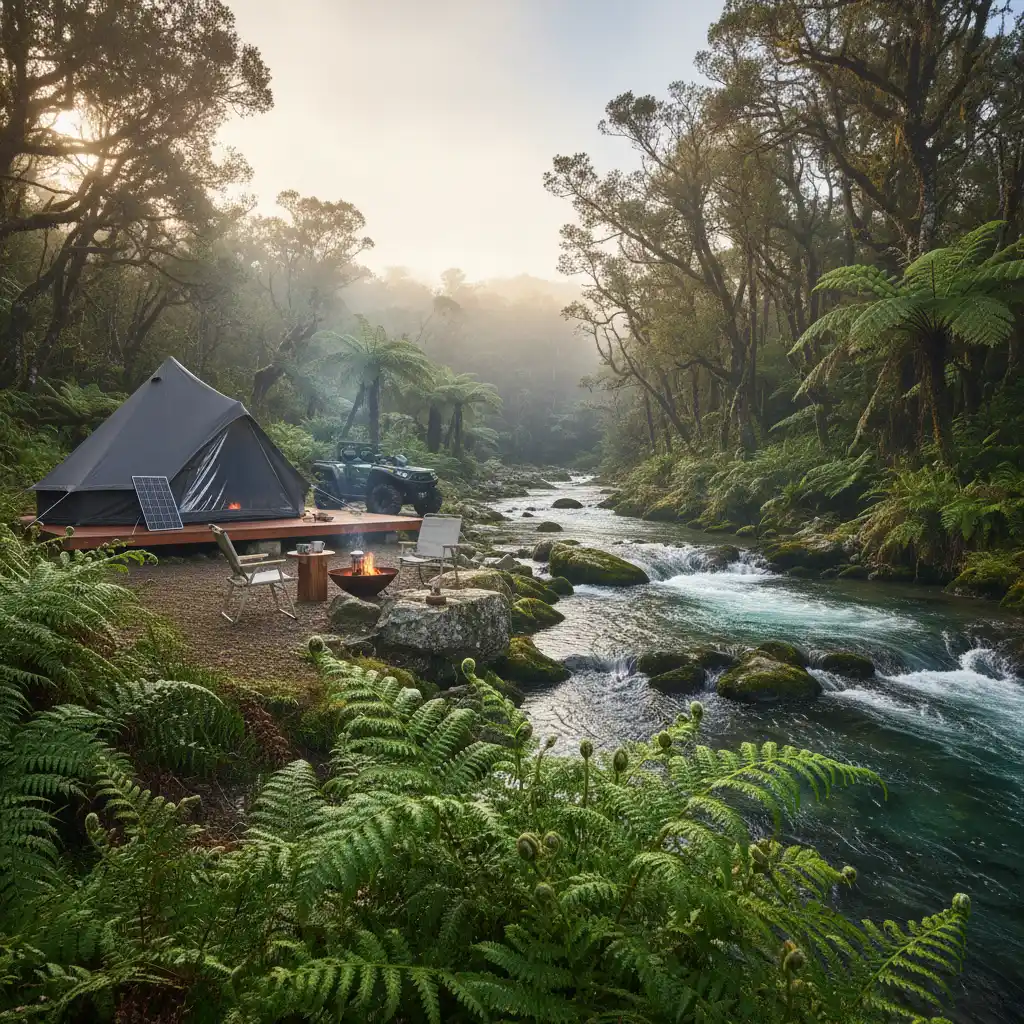 Camping setup near Tarawera River with native bush surroundings