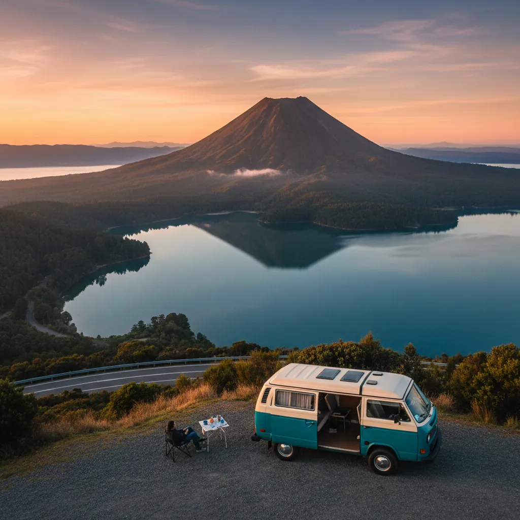 Motorhome camping near Lake Tarawera with mountain views