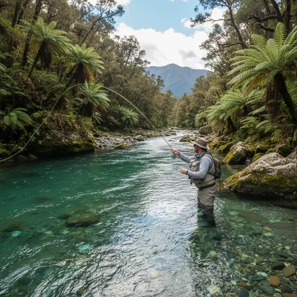 Fly fishing for trout in the Tarawera River