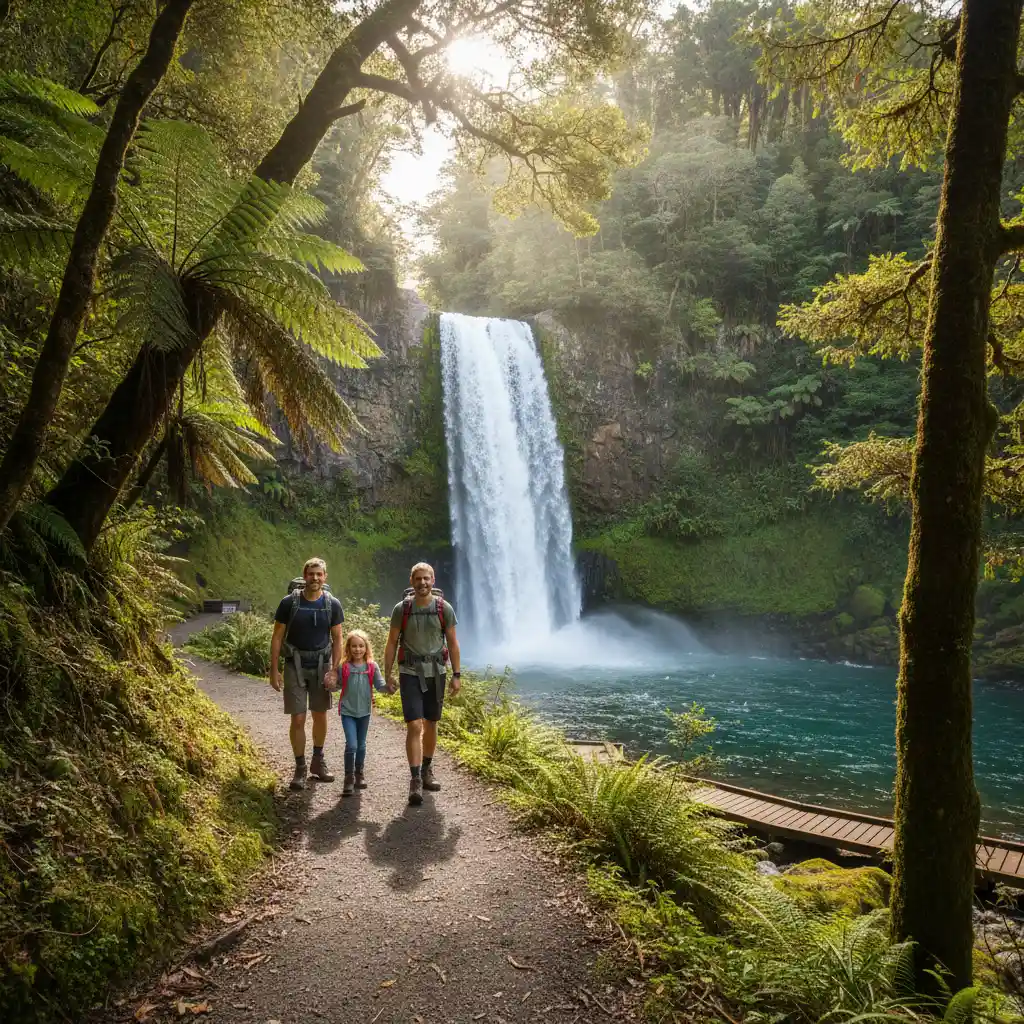 Family hiking the Tarawera Falls track near camping grounds