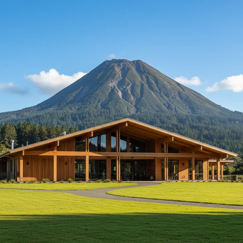 Exterior view of Firmin Lodge Kawerau with Mt Putauaki in the background