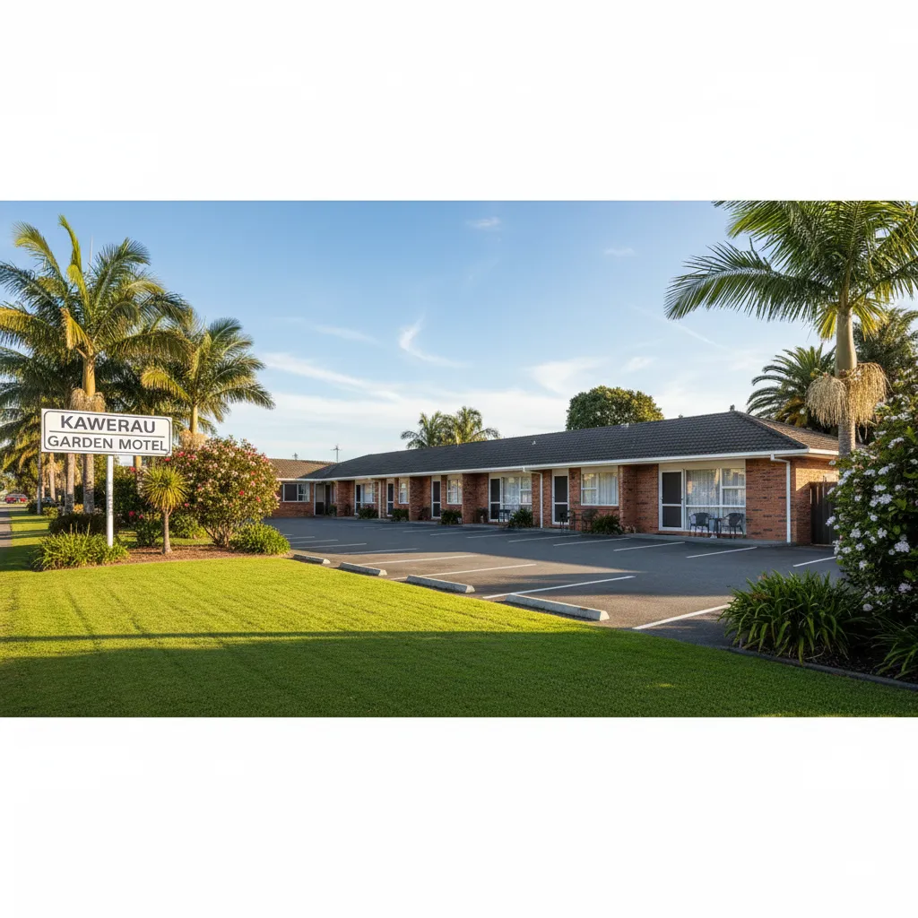 Exterior view of typical Kawerau motel units with parking