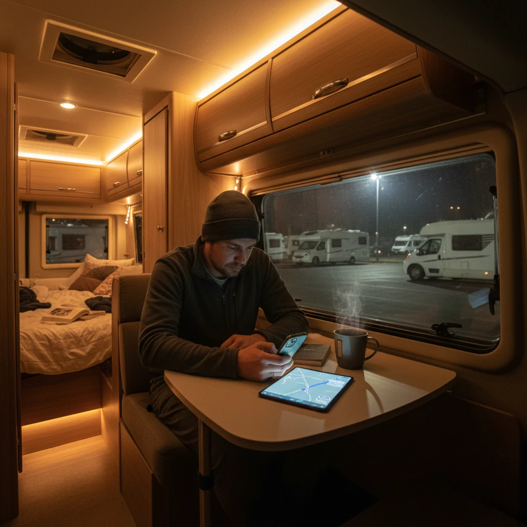 Traveler checking safety apps in campervan