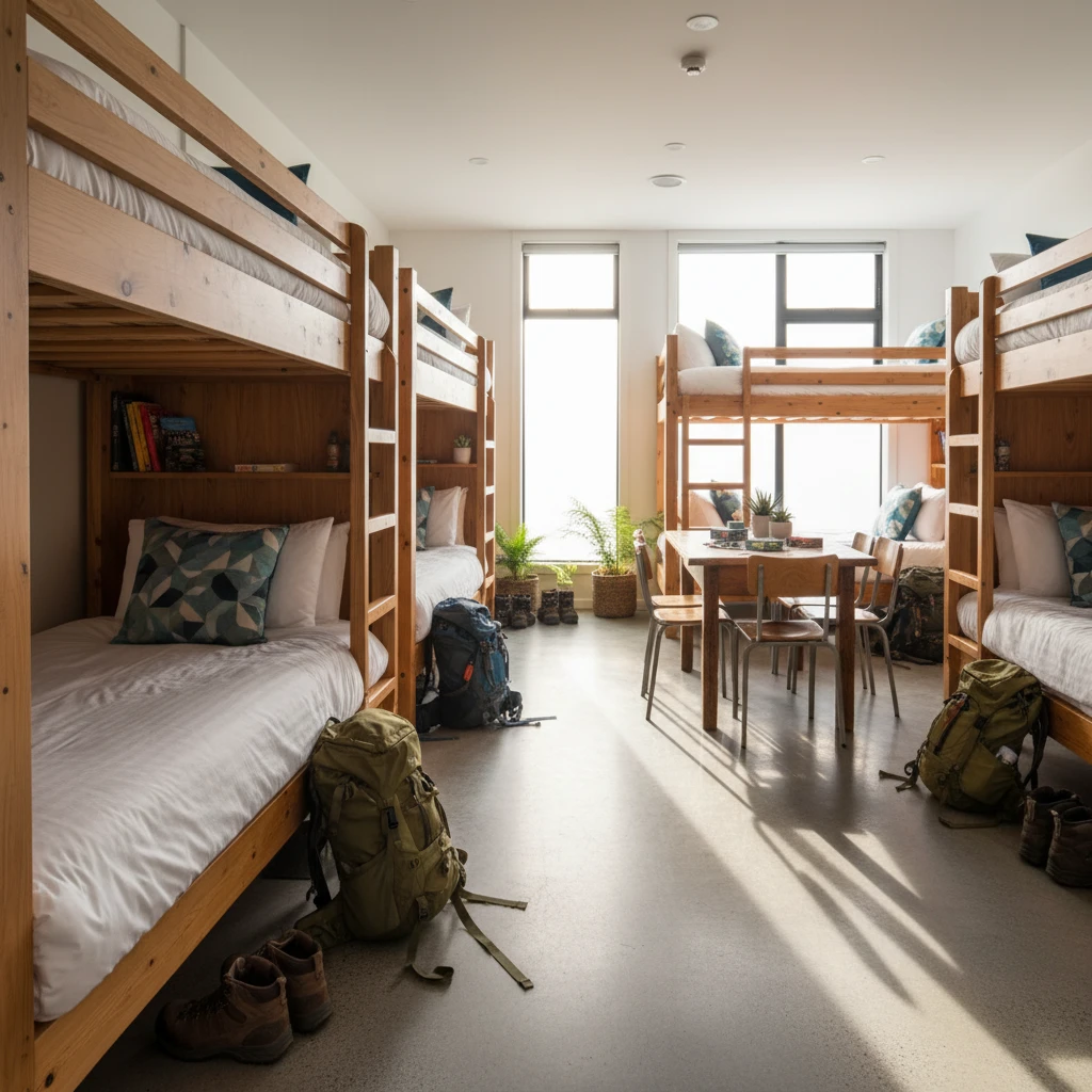 Interior of a budget-friendly backpacker lodge dormitory