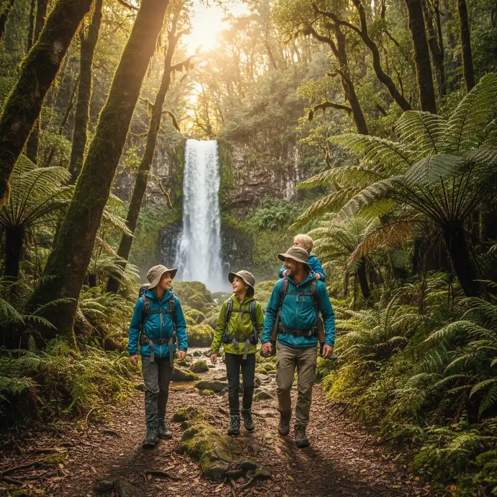 Family hiking near Tarawera Falls