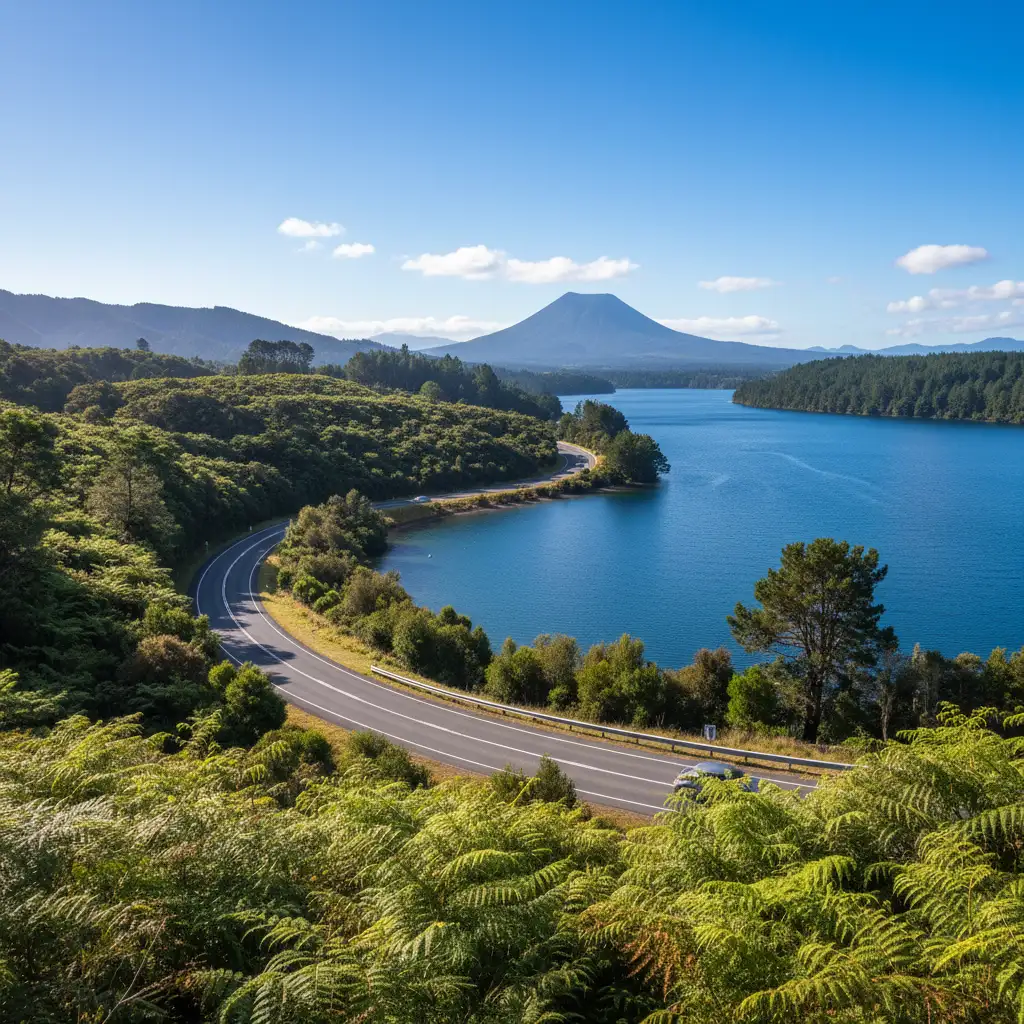 Scenic drive along State Highway 30 passing Lake Rotoma