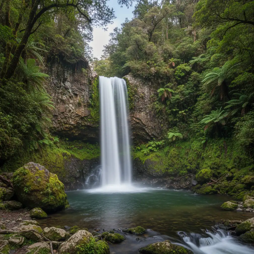 The spectacular Tarawera Falls bursting from the cliff face