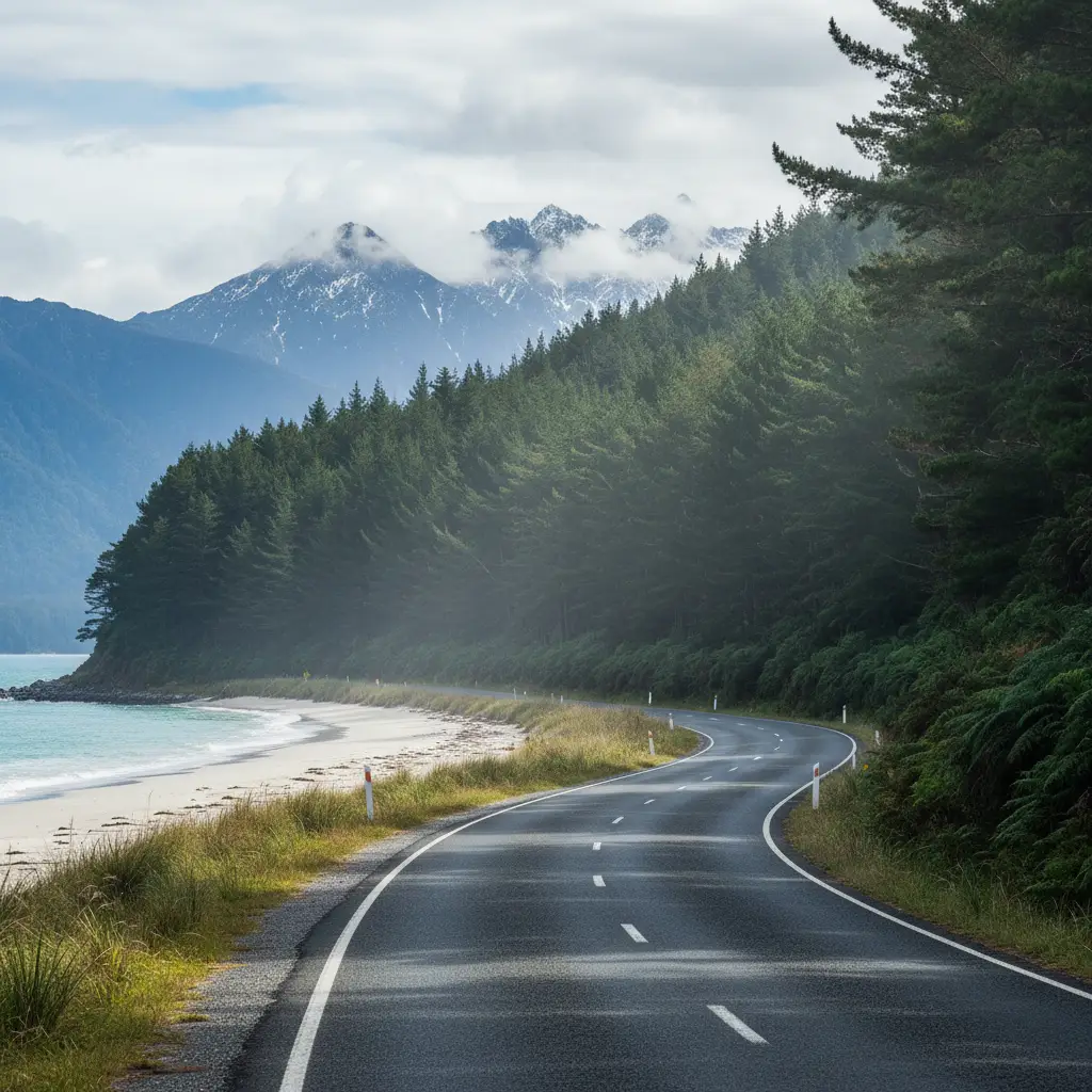 Scenic road trip route from Whakatane coast to Kawerau forest