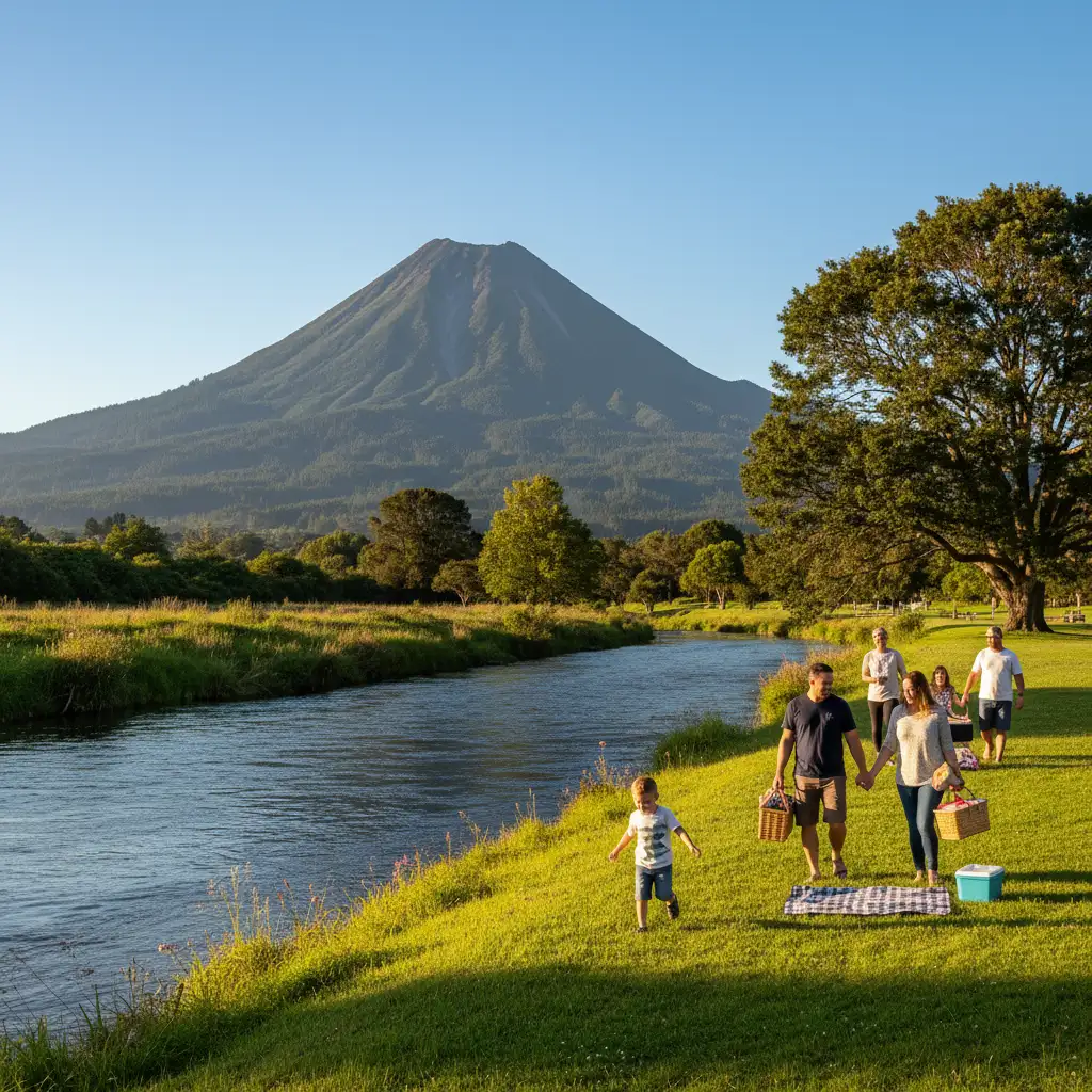 Families enjoying the riverside parks in Kawerau with Mount Putauaki in the background