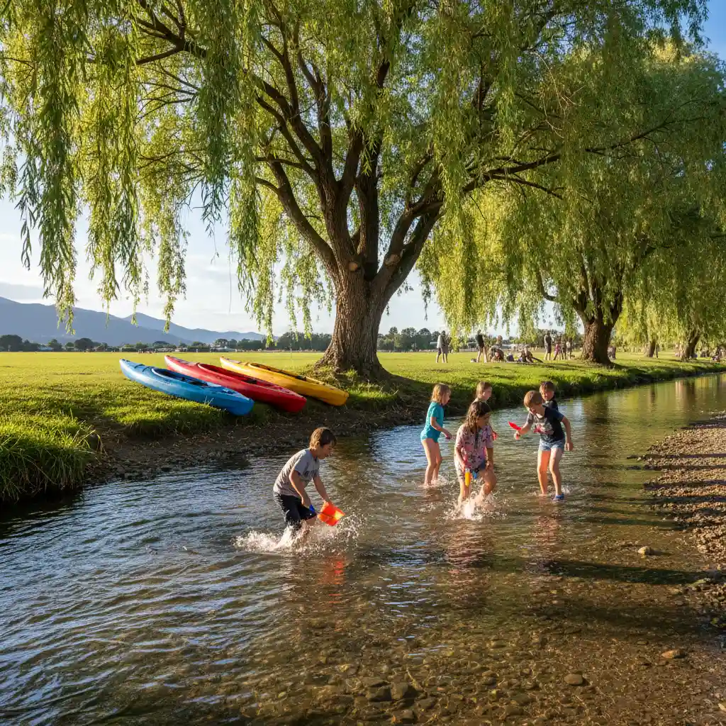 Children playing in the shallow waters of the Tarawera River at Firmin Field