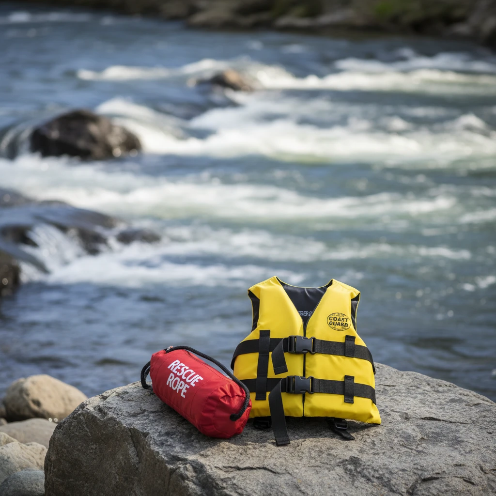 River safety equipment including life jacket and throw bag