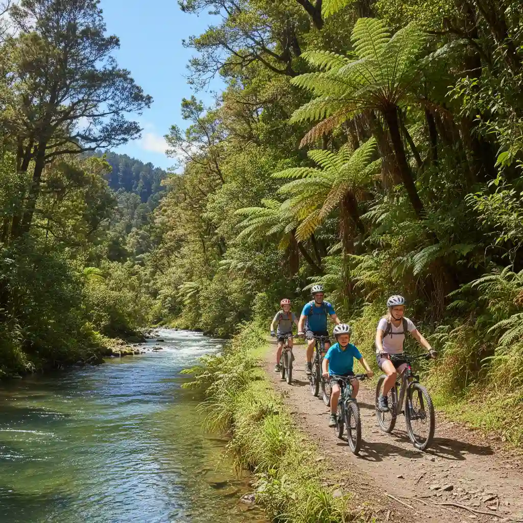 Family cycling along the Tarawera River in Kawerau