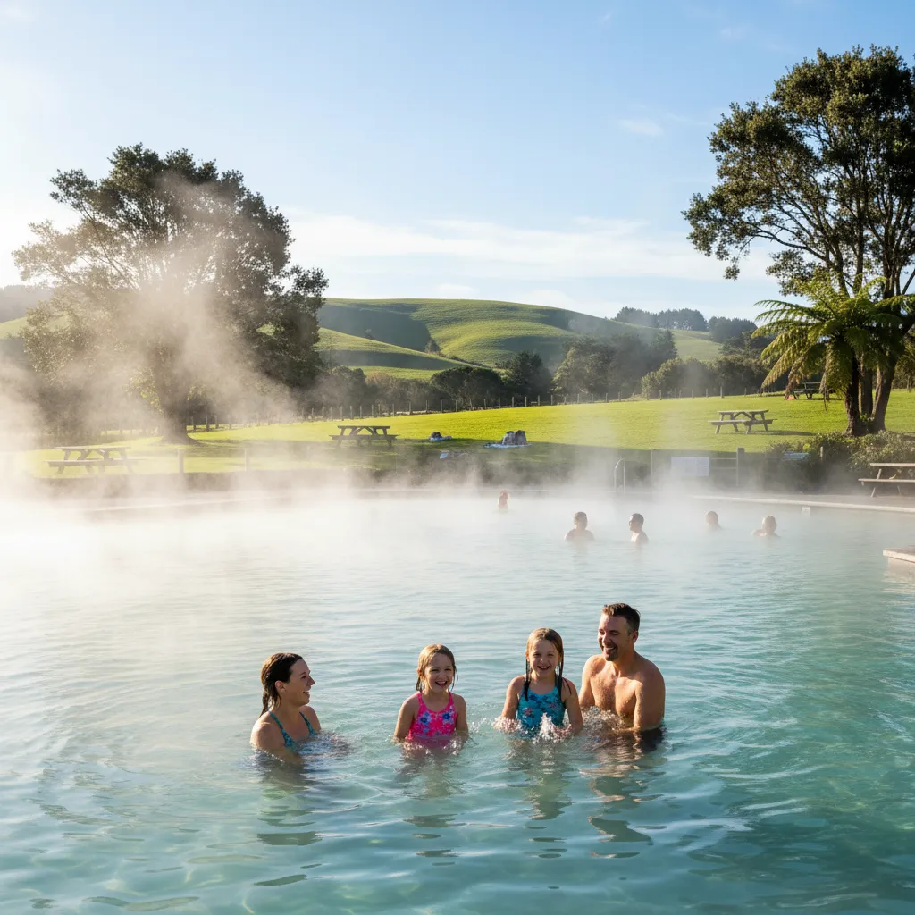 Family swimming in the free thermal pools at Maurie Kjar Memorial Swimming Pool Complex