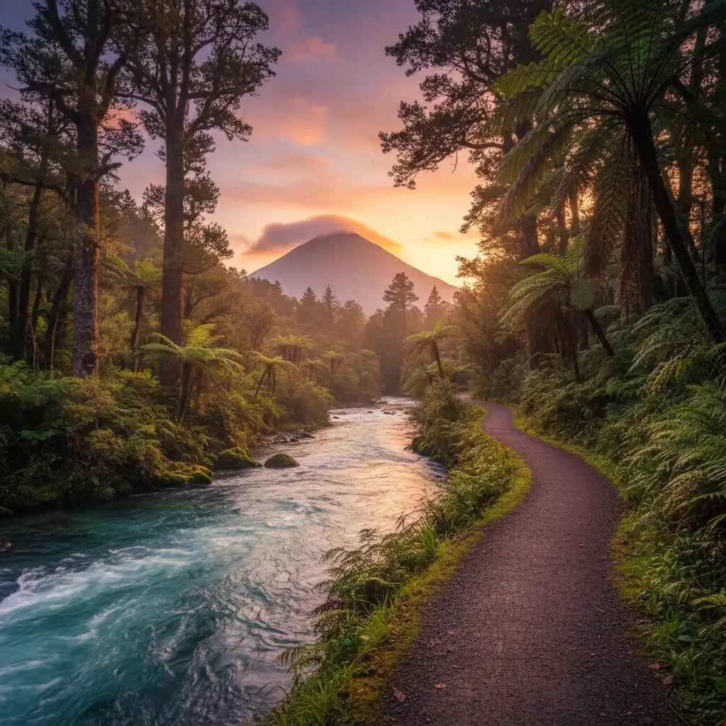 Scenic view of the Tarawera River Walk with Mount Putauaki in the background