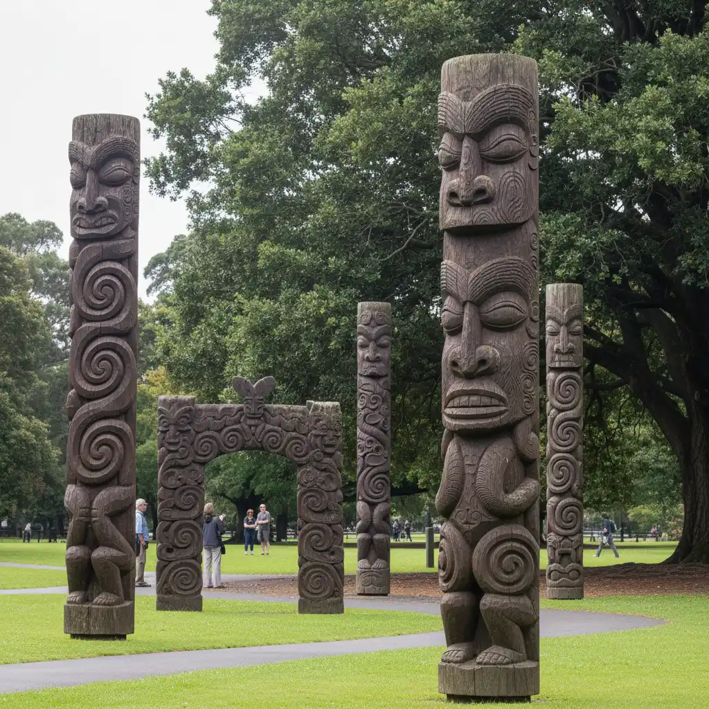 Traditional Māori wood carvings on display in Kawerau town centre