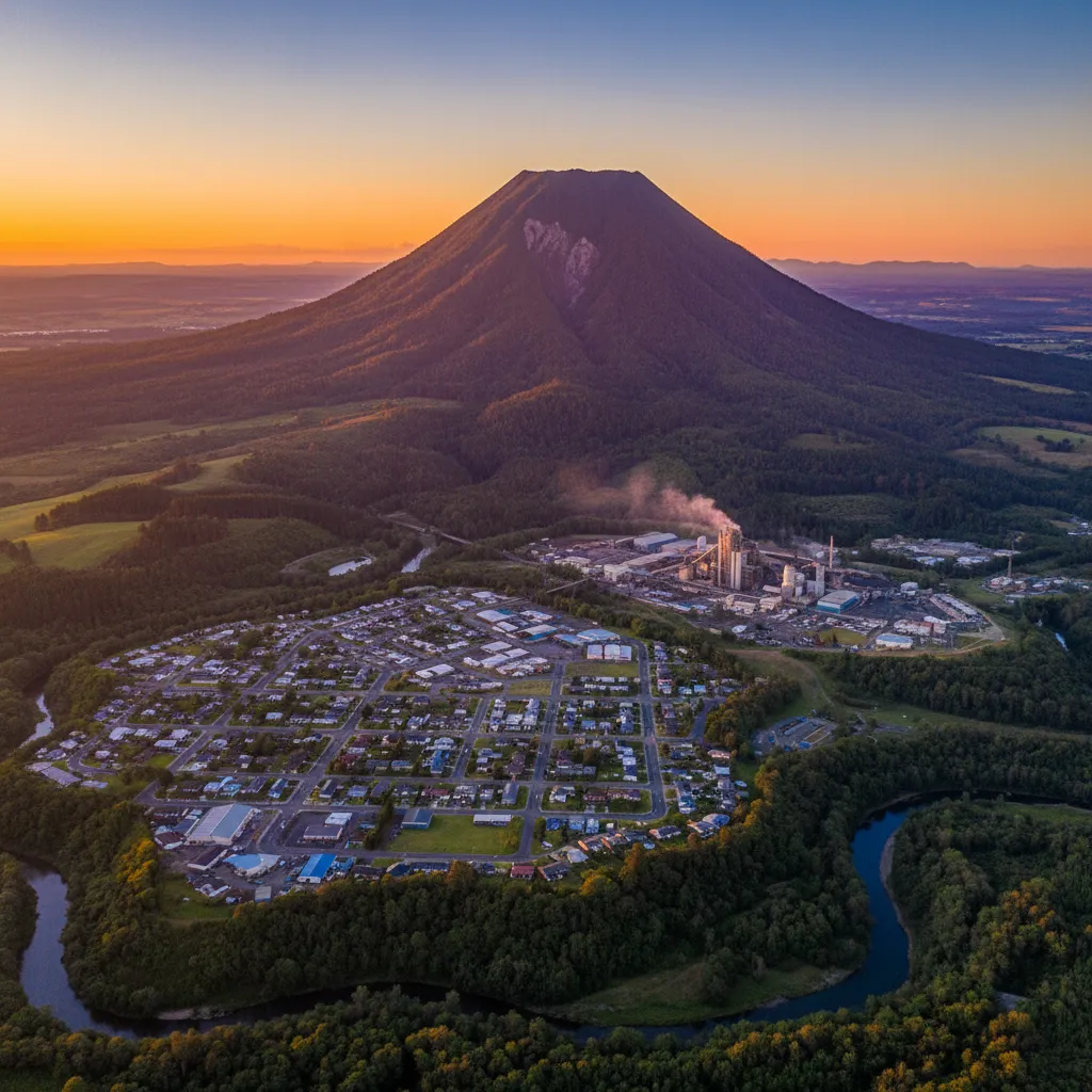 Aerial view of Kawerau township and Mount Putauaki