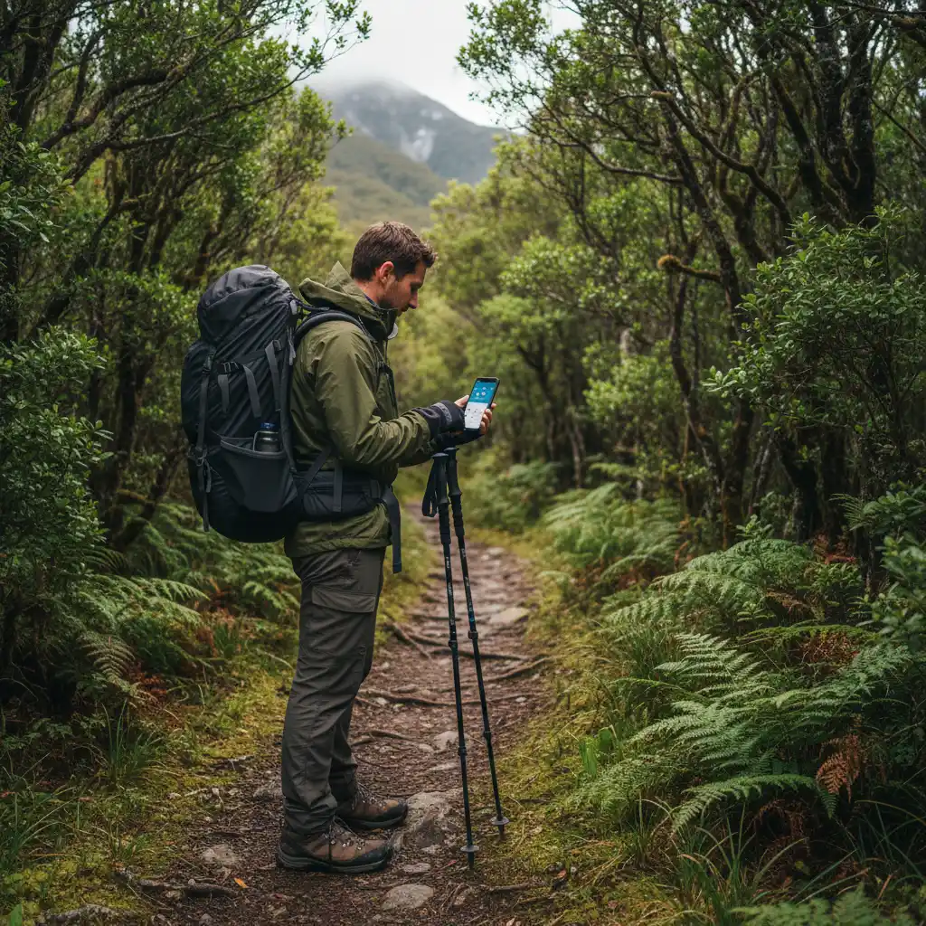 Hiker checking weather forecast on trail