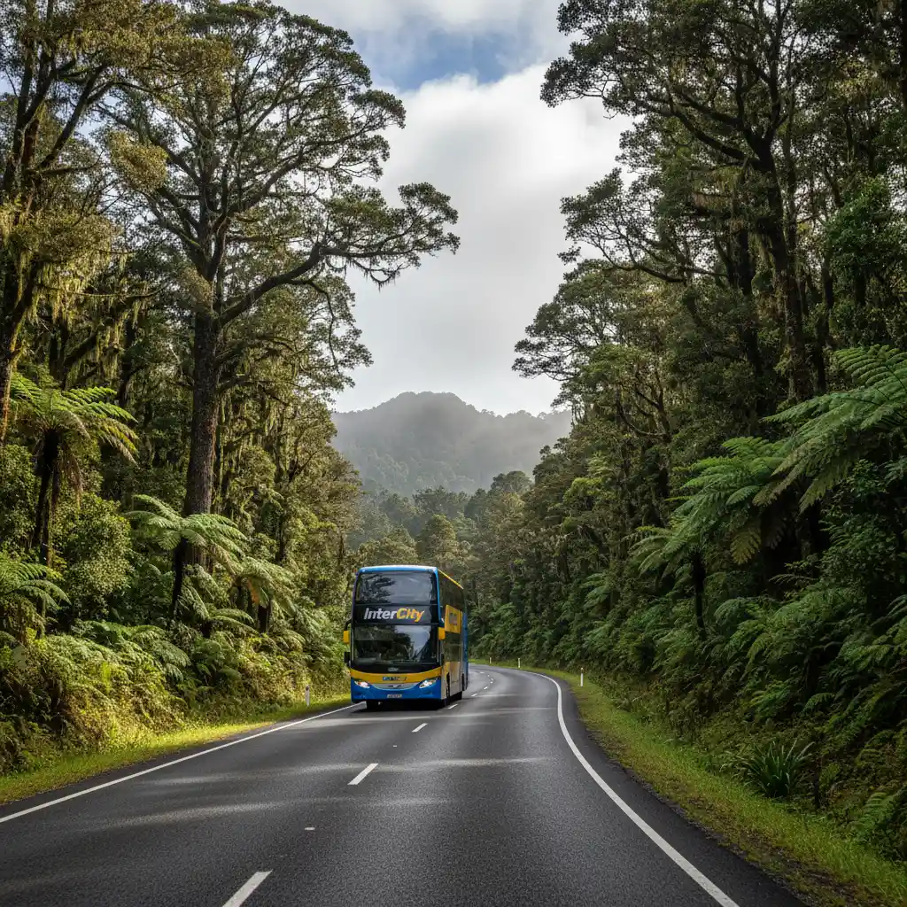 InterCity bus traveling on a scenic route towards Kawerau