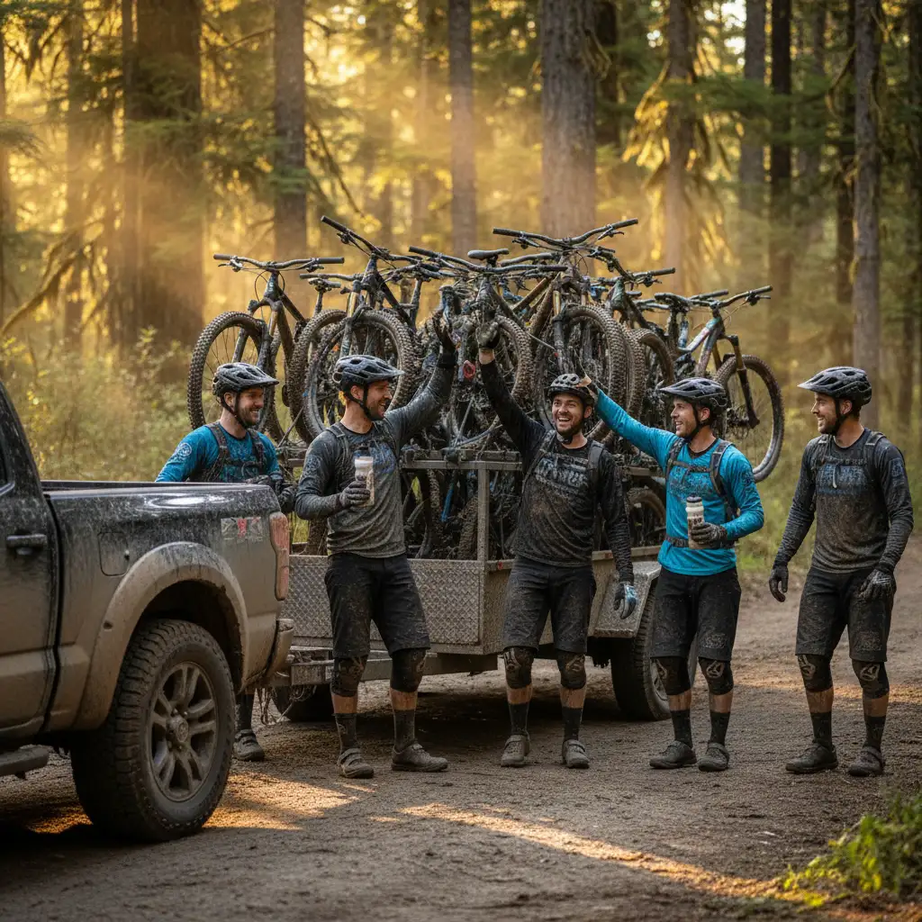 Mountain bikers celebrating after a shuttle run in Kawerau