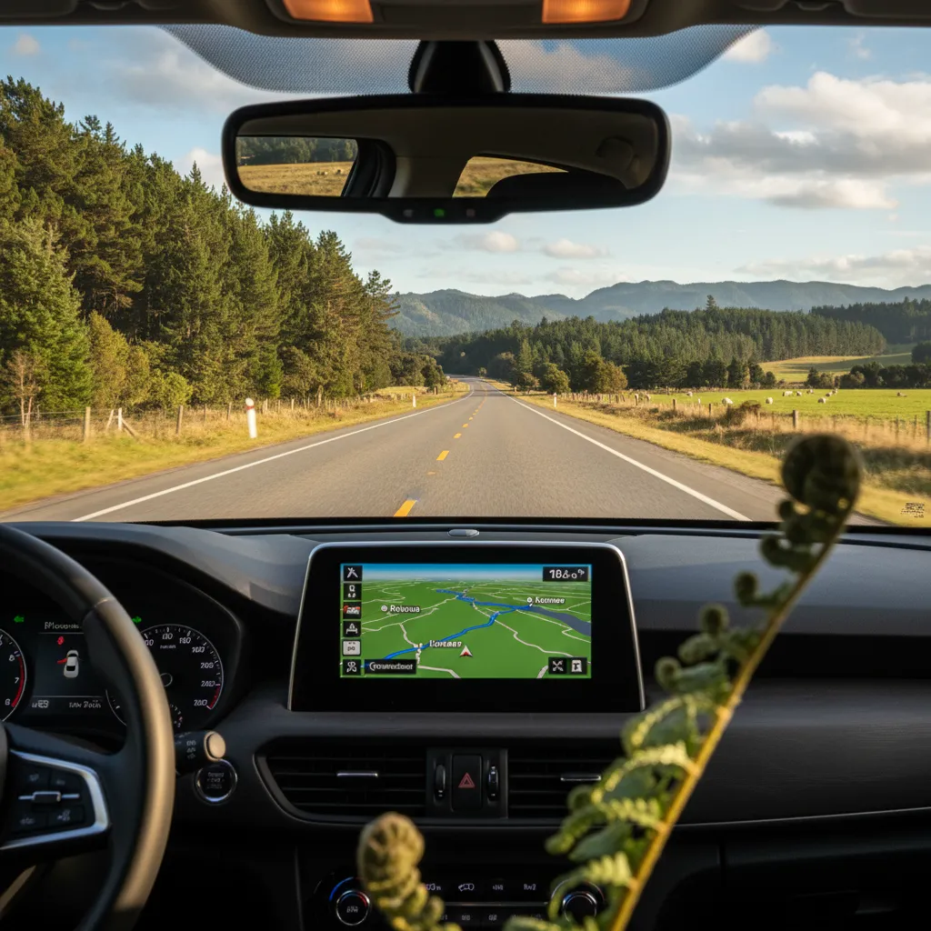 Dashboard view of GPS route driving from Rotorua to Kawerau