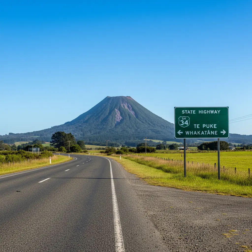 State Highway 34 road sign near Kawerau with Mount Putauaki