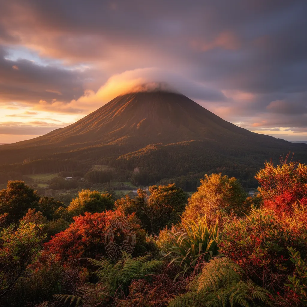 Mount Putauaki towering over Kawerau during the autumn season