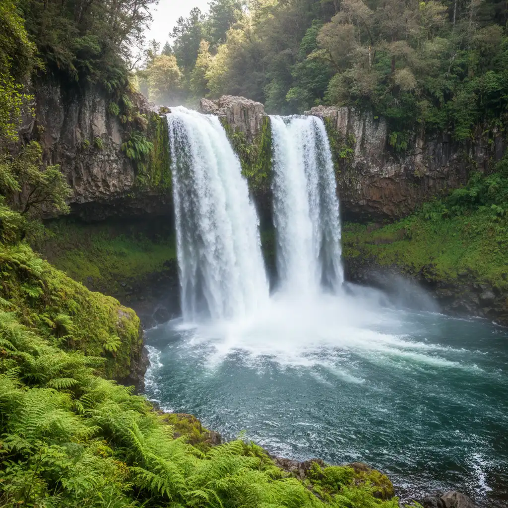 The spectacular Tarawera Falls flowing heavily during spring