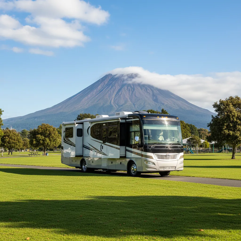 Luxury motorhome parked at Prideaux Park Kawerau with Mount Putauaki view