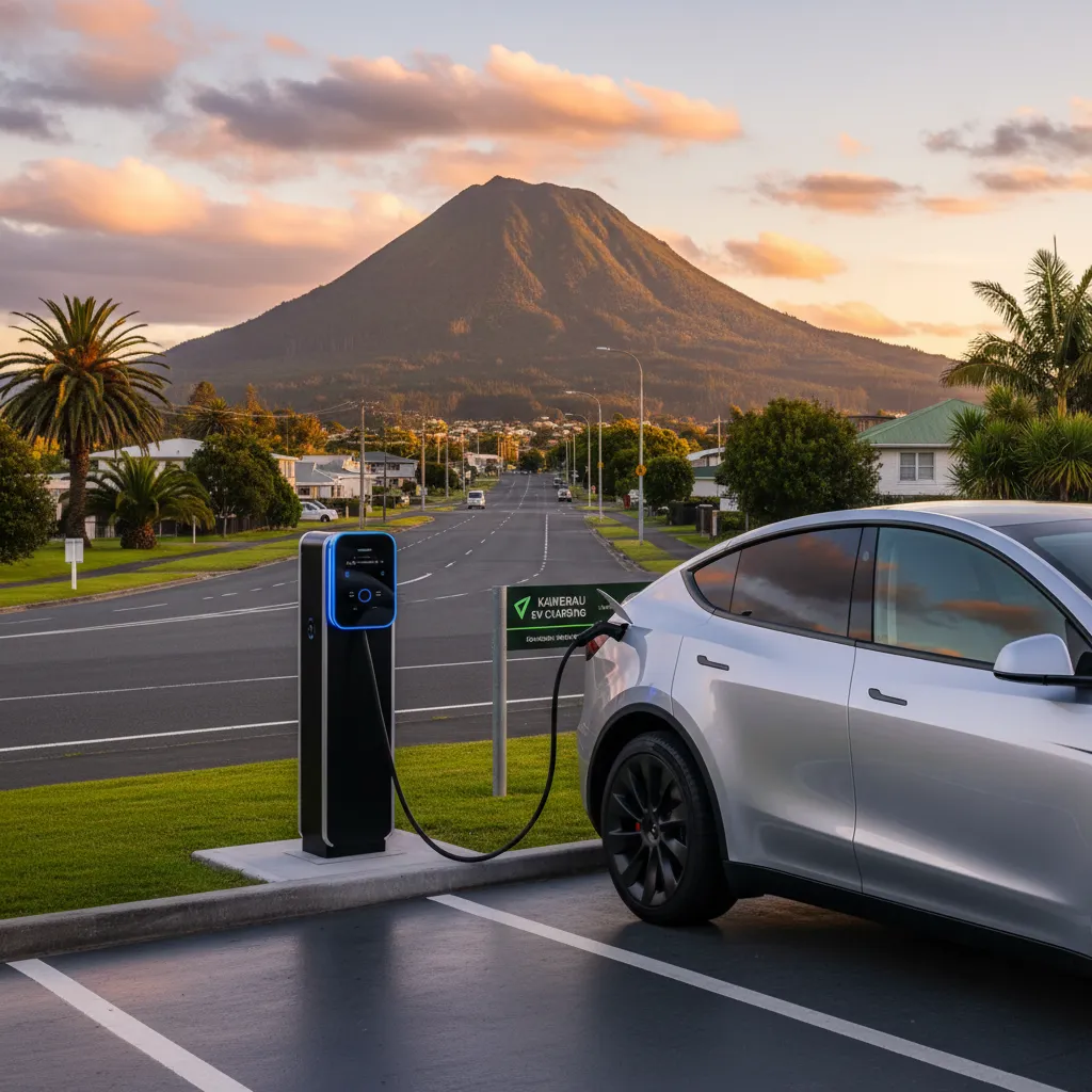 Electric vehicle charging at Kawerau station with Mount Putauaki in background