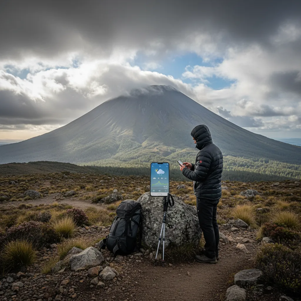 Hiker checking weather safety app near Mount Putauaki Kawerau