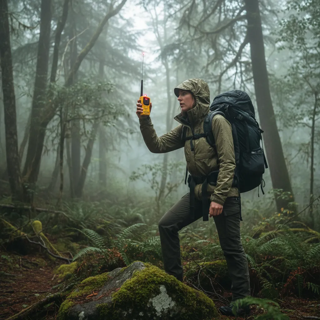 Hiker using Personal Locator Beacon for emergency safety