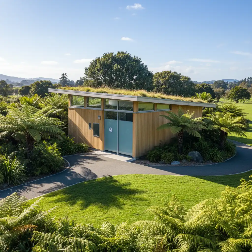 Modern public toilet block in Kawerau park setting