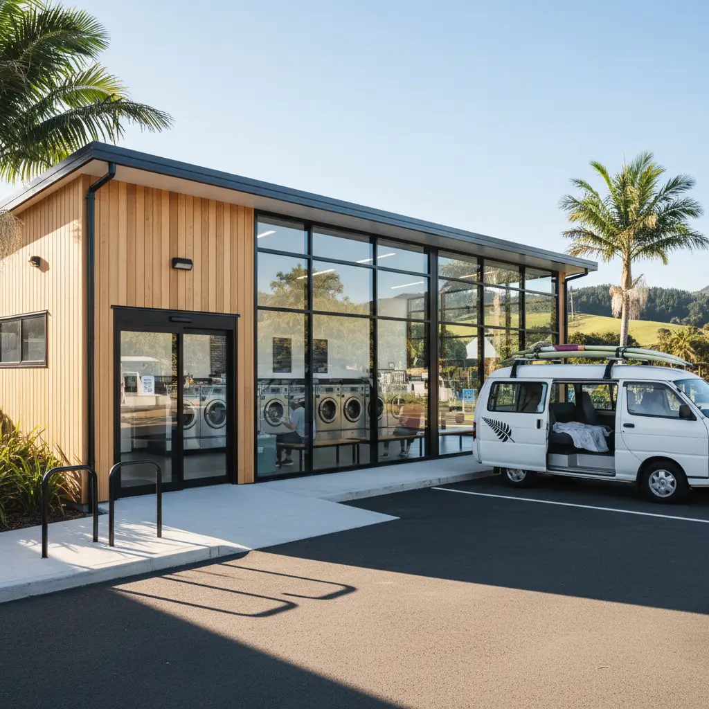 Exterior of a laundromat in Kawerau with parking for campervans