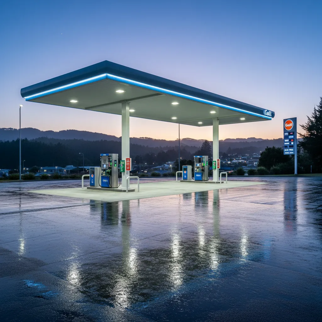 Petrol station in Kawerau at dusk offering 24 hour fuel access