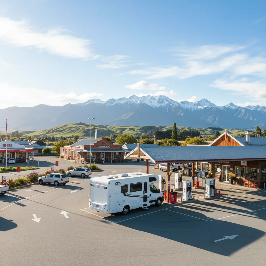 Campervan refueling at a spacious Kawerau petrol station