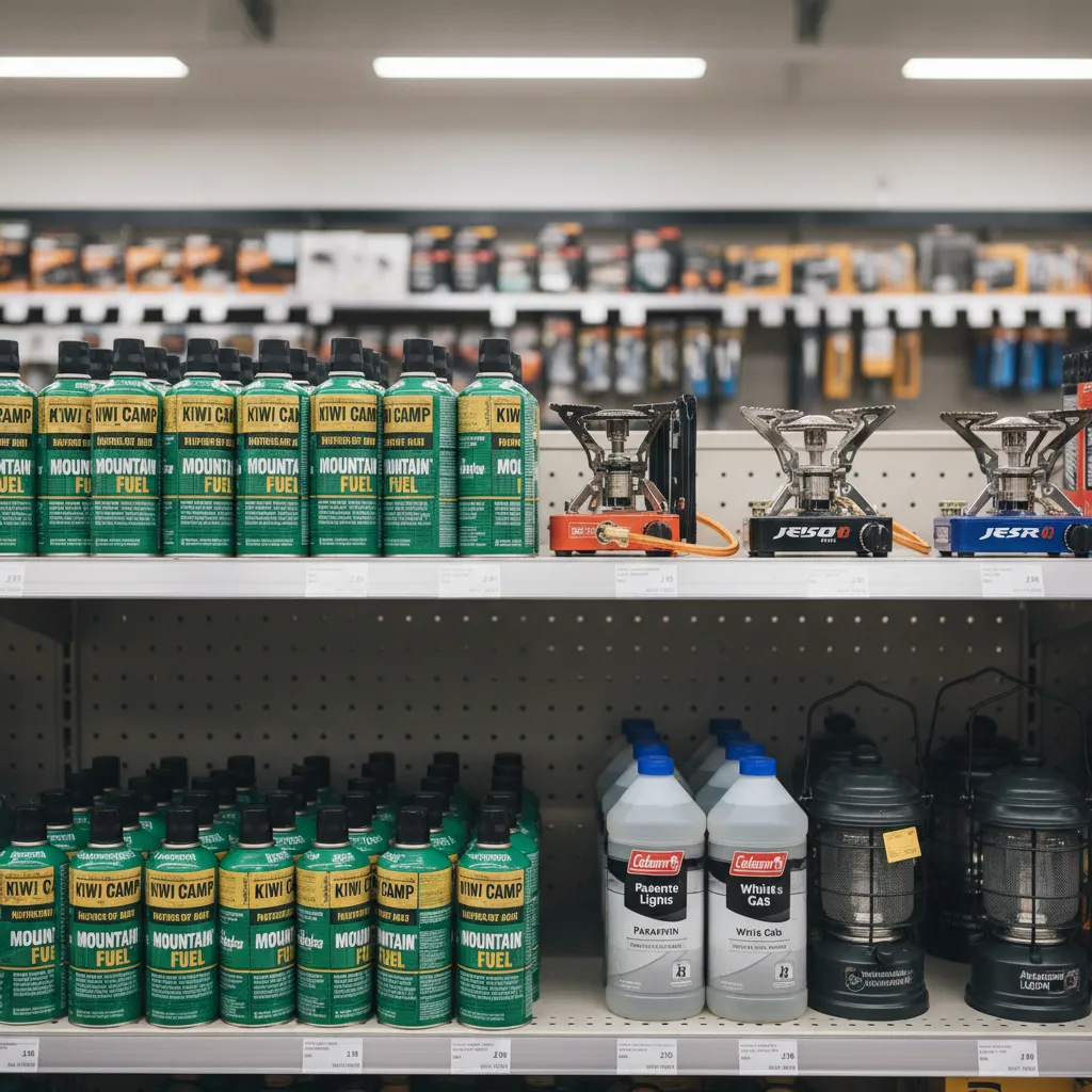 Camping gas canisters and cooking supplies on display in Kawerau