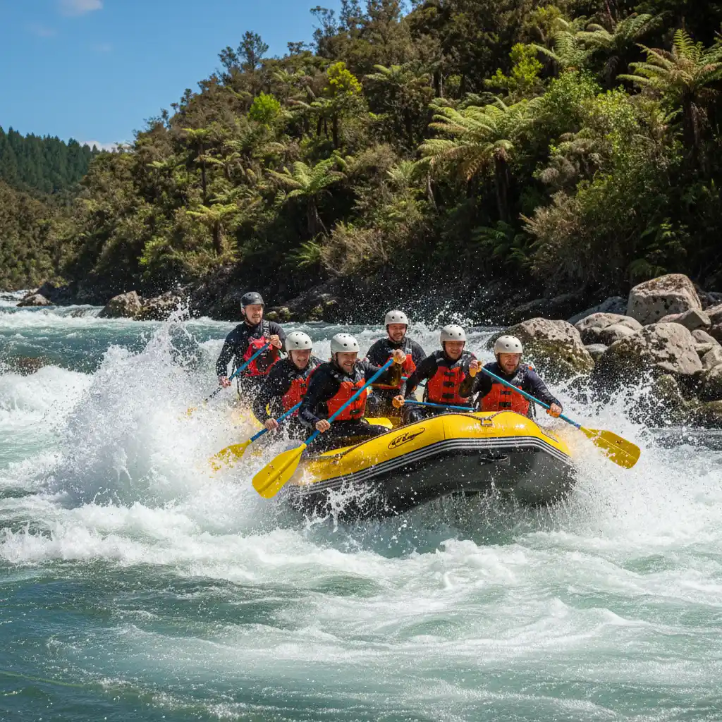 Rafting team navigating white water rafting Kawerau rapids