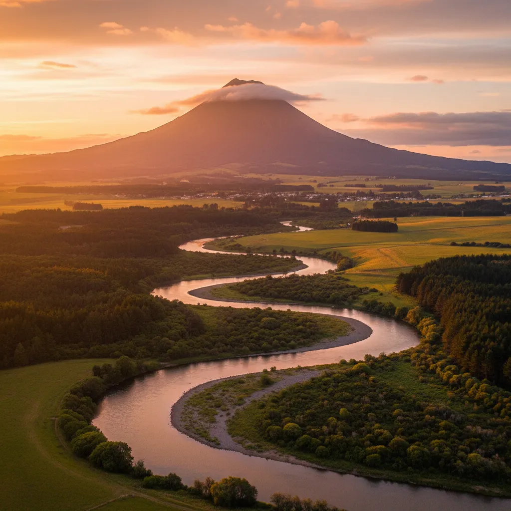 Scenic view of Tarawera River and Mount Putauaki in Kawerau
