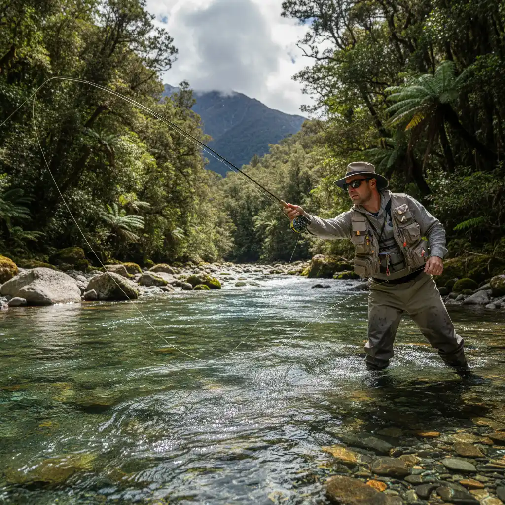 Fly fishing angler wading in Tarawera River
