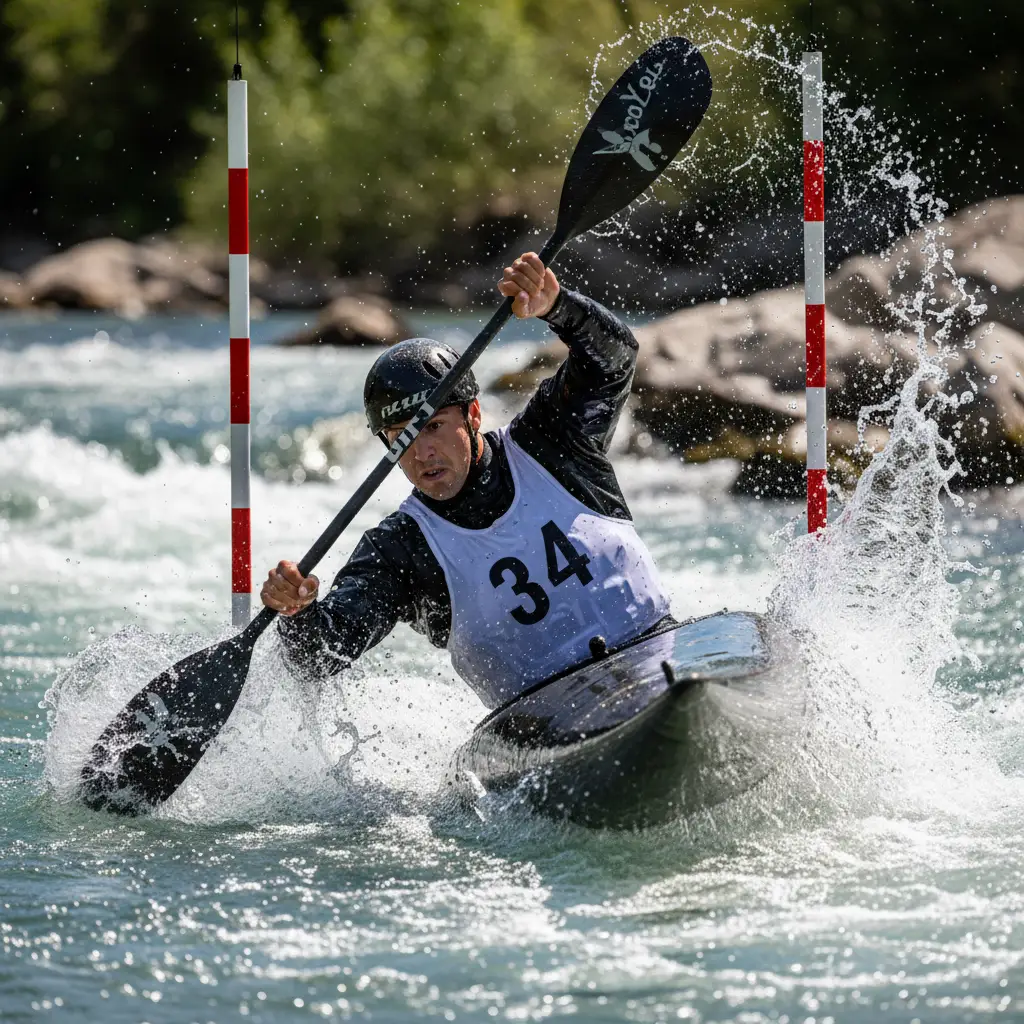 Kayaker navigating a slalom gate on a course