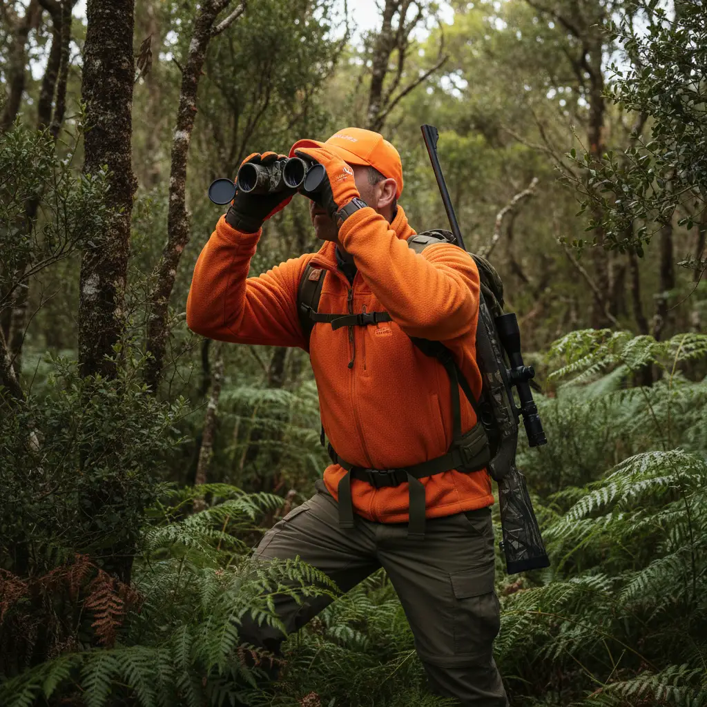 Hunter wearing blaze orange safety gear using binoculars