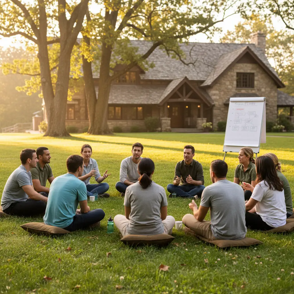 Group team building activity on the grounds of Firmin Lodge