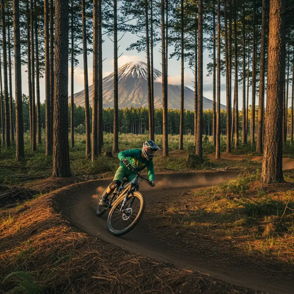 Mountain biker riding mtb trails Kawerau with Mount Putauaki in background