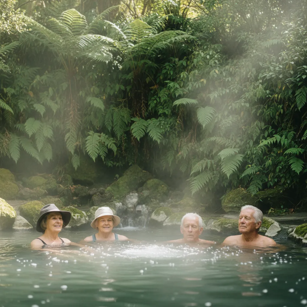 Seniors enjoying therapeutic thermal soaking