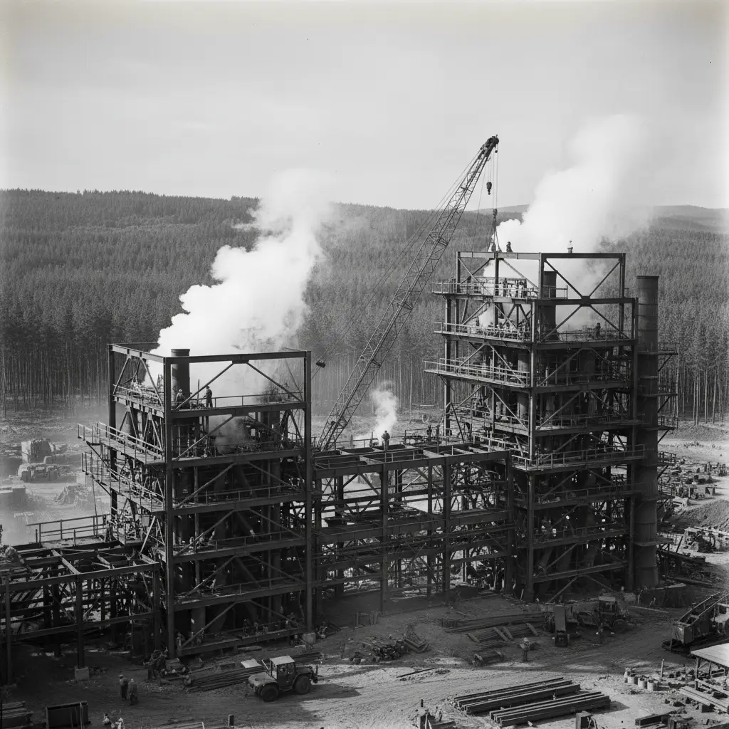 Historical construction of the Tasman Pulp and Paper Mill in Kawerau